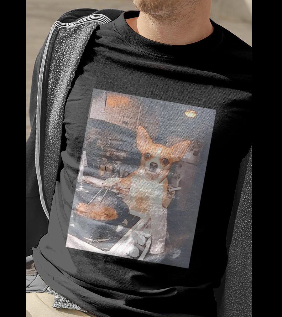 Chihuahua In Apron Cooking While Smoking In Vintage Kitchen Scene T-Shirt