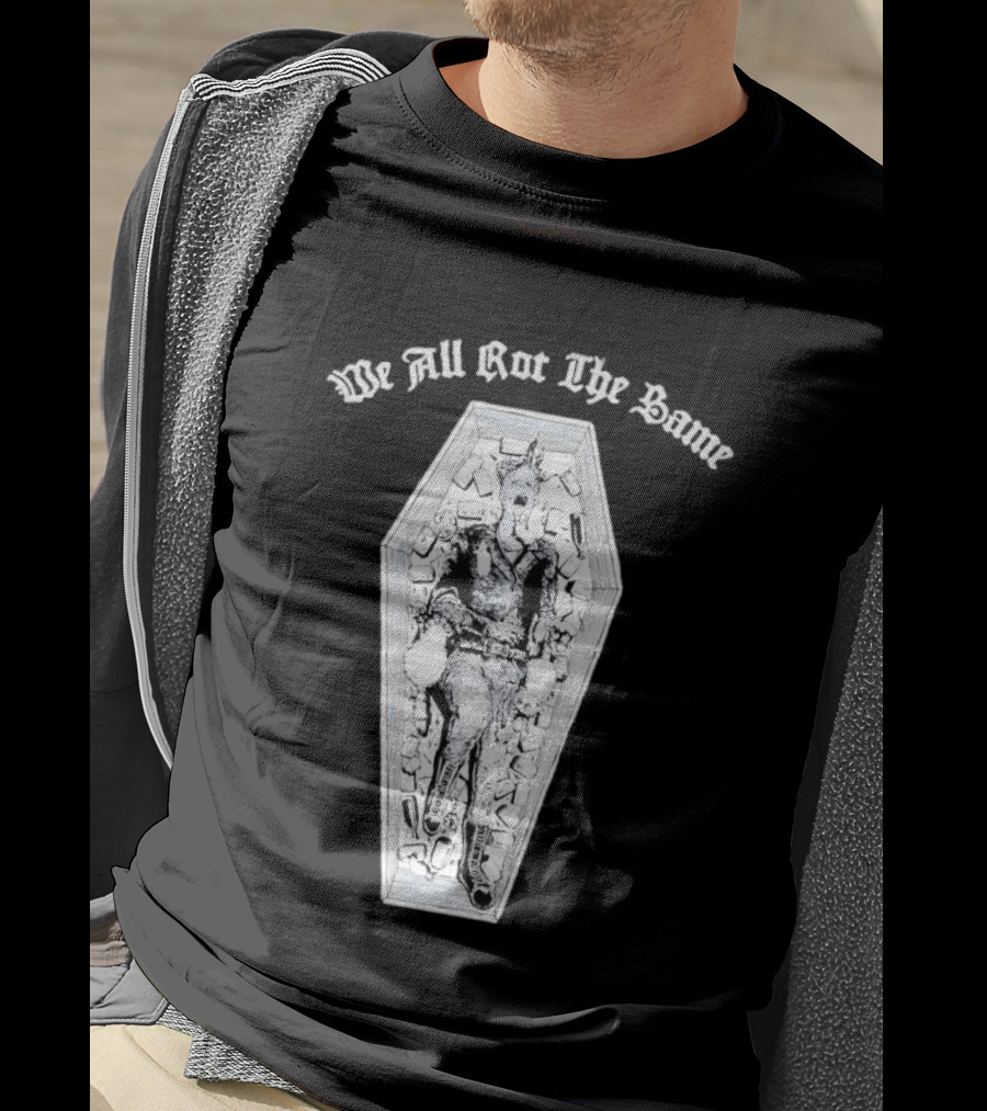 We All Rot The Same Coffin Punk Rock Skeleton Motif T-Shirt