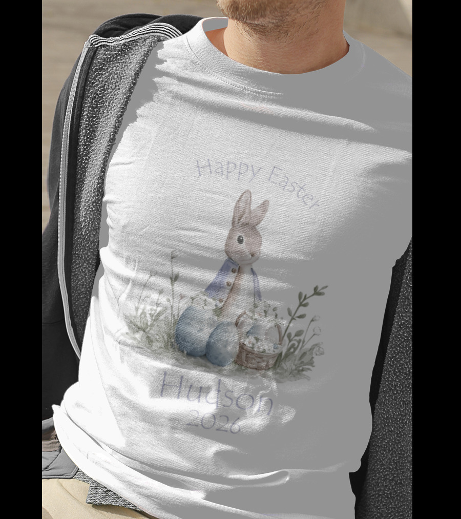 Happy Easter Hudson 2026 Bunny With Eggs And Basket T-Shirt