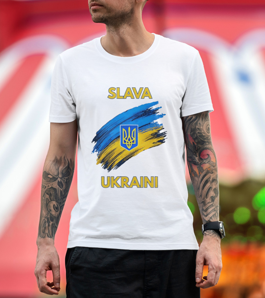 Slava Ukraini Emblem With Blue And Yellow Brush Strokes T-Shirt