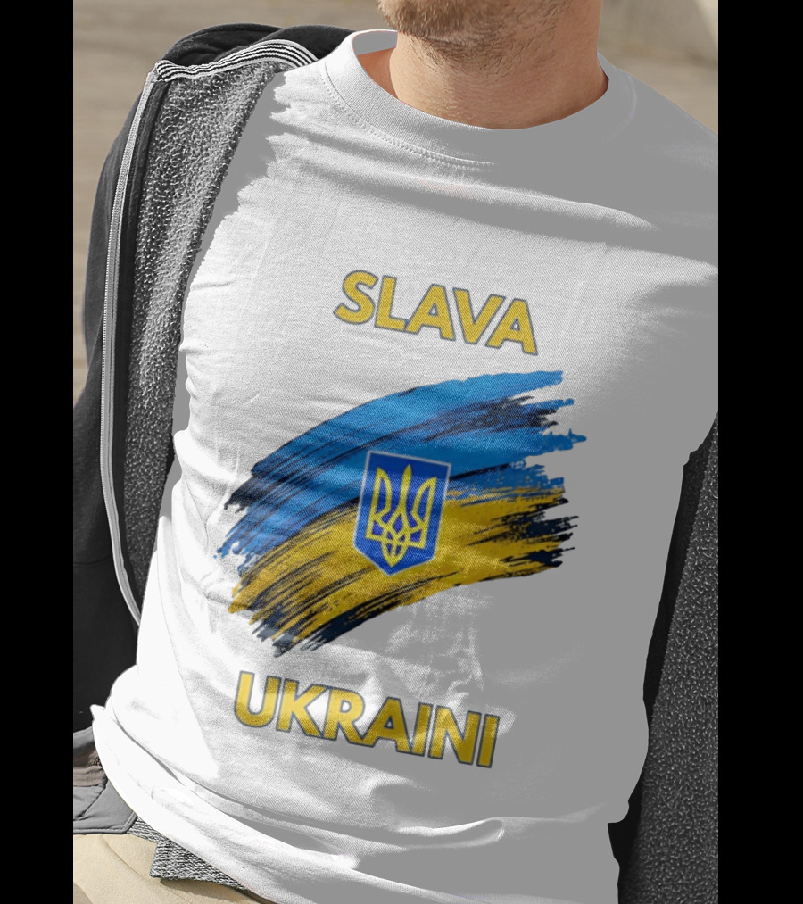 Slava Ukraini Emblem With Blue And Yellow Brush Strokes T-Shirt
