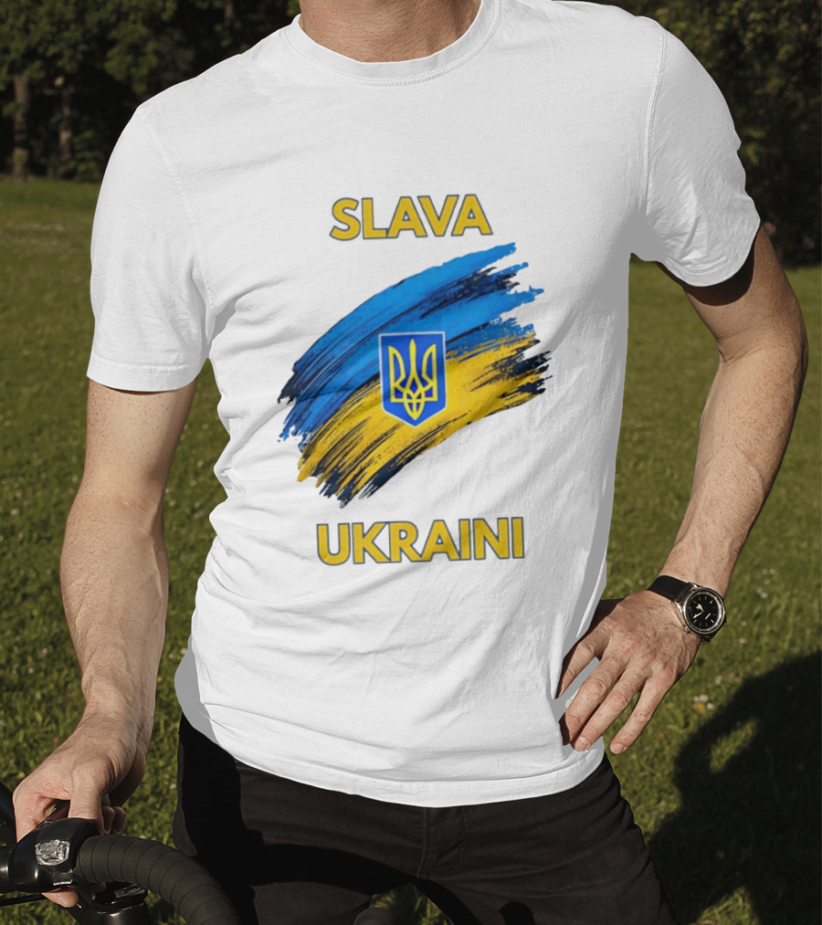 Slava Ukraini Emblem With Blue And Yellow Brush Strokes T-Shirt