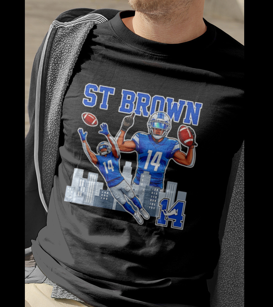 ST Brown 14 Detroit Lions Football City Skyline T-Shirt