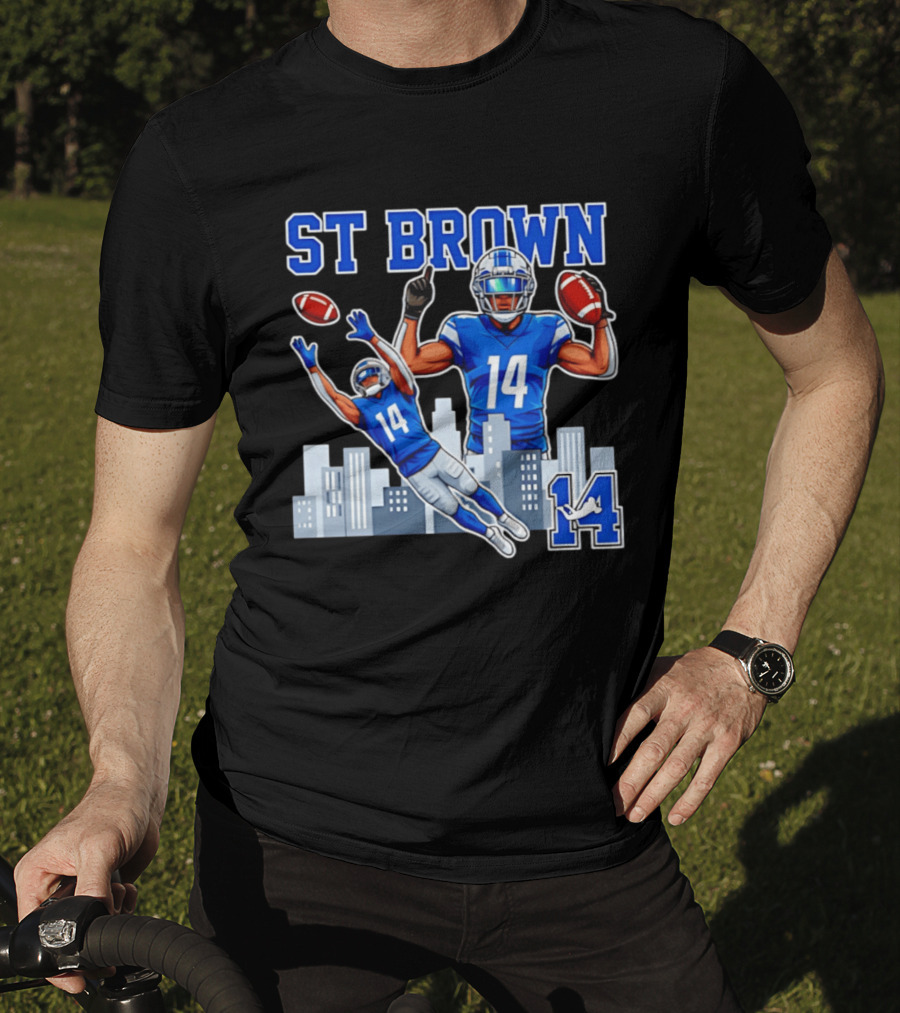 ST Brown 14 Detroit Lions Football City Skyline T-Shirt