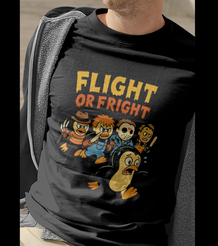 Flight Or Fright Penguin Horror Characters Comedy Mashup T-Shirt
