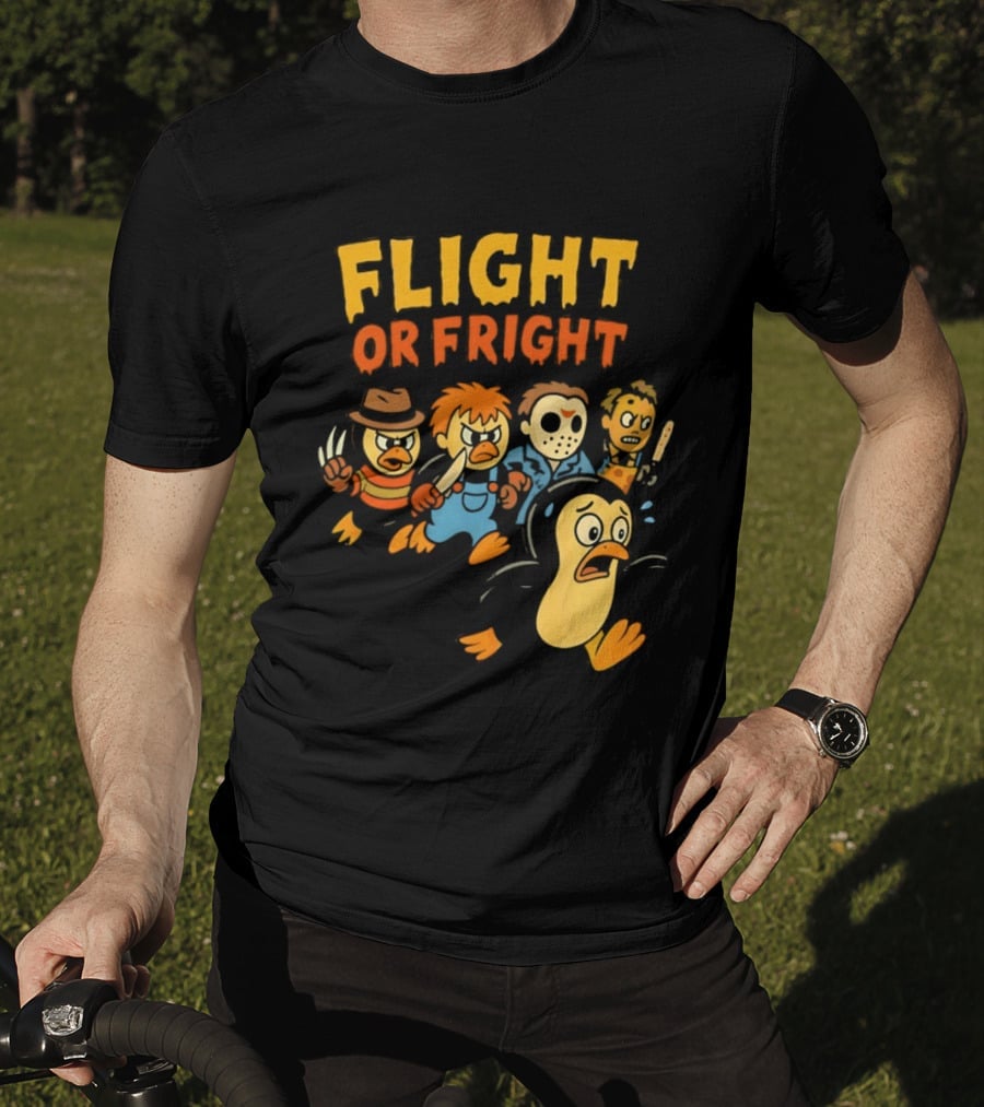 Flight Or Fright Penguin Horror Characters Comedy Mashup T-Shirt