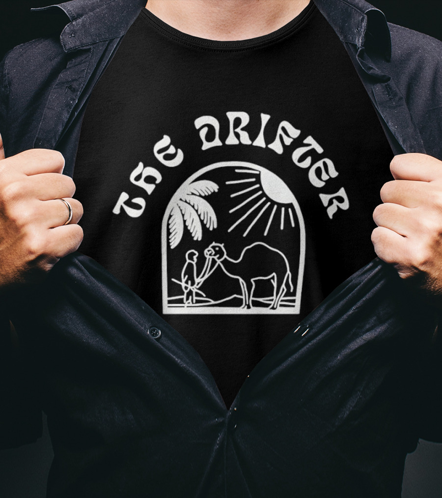 Jackie Quinones The Drifter Man Holding Camel Under Sun And Palm Trees T-Shirt
