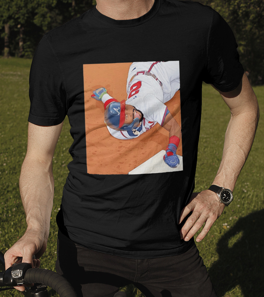 Ronald Acuna Jr Atlanta Braves Outfielder Sliding Baseball Action T-Shirt