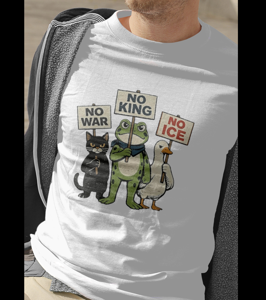Black Cat Holing No War Frog Holding No King And Goose Holding No ICE Sign T-Shirt