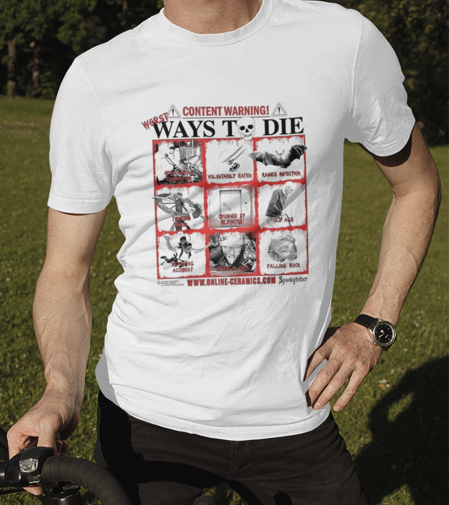 Content Warning Worst Ways To Die Shark Attack Volcano Disaster Truck Simulator Zombies Stuck In Cave Plane Crashed Nuclear Explosion T-Shirt