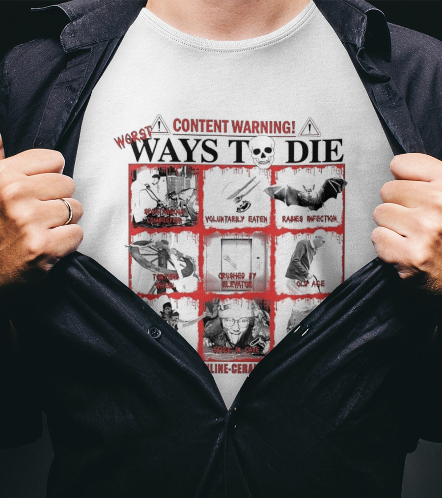 Content Warning Worst Ways To Die Shark Attack Volcano Disaster Truck Simulator Zombies Stuck In Cave Plane Crashed Nuclear Explosion T-Shirt