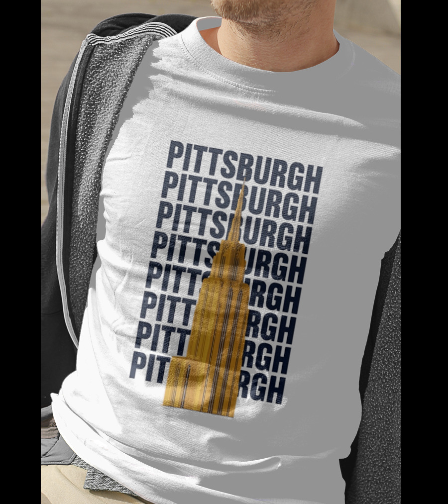 Pittsburgh Golden Tower Repeated Text Cityscape T-Shirt