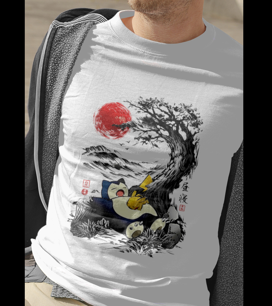 Snorlax Pikachu Napping Under Red Sun Tree T-Shirt