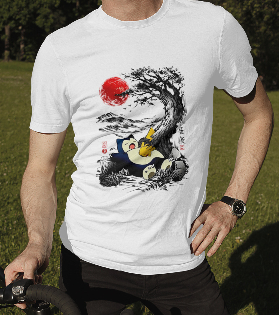 Snorlax Pikachu Napping Under Red Sun Tree T-Shirt