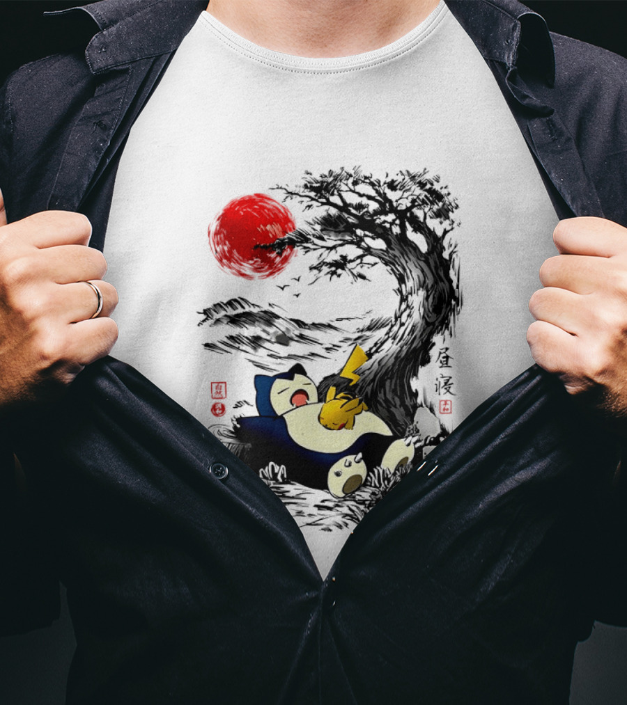 Snorlax Pikachu Napping Under Red Sun Tree T-Shirt
