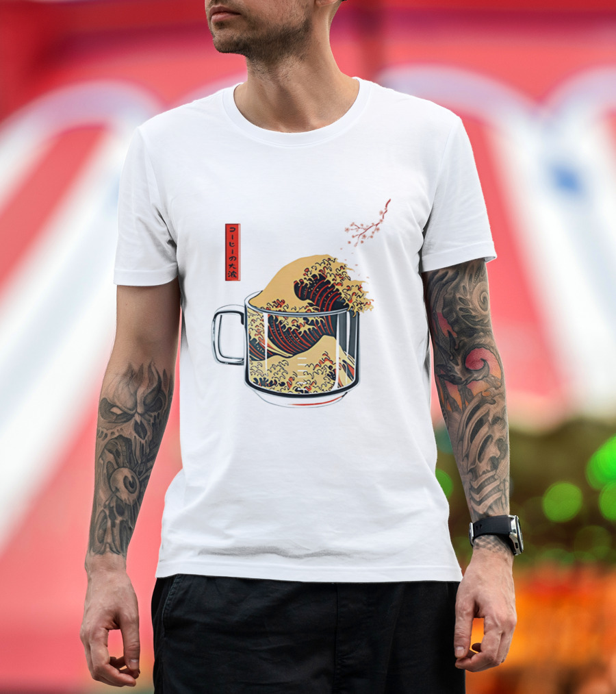 The Great Wave Of Coffee In A Cup With Japanese T-Shirt