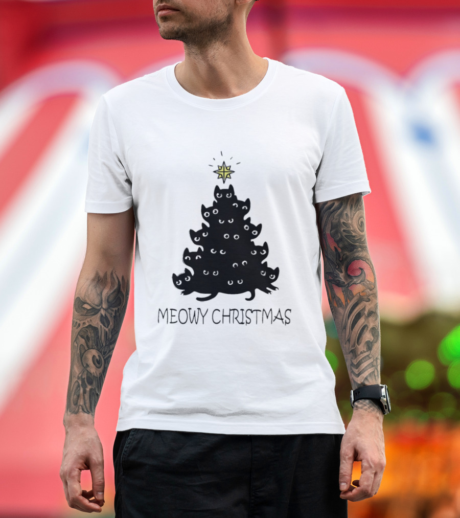 Black Cat Pine Tree Shape Meowy Christmas Star T-Shirt