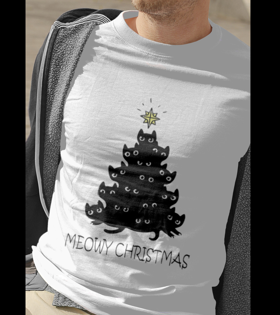 Black Cat Pine Tree Shape Meowy Christmas Star T-Shirt