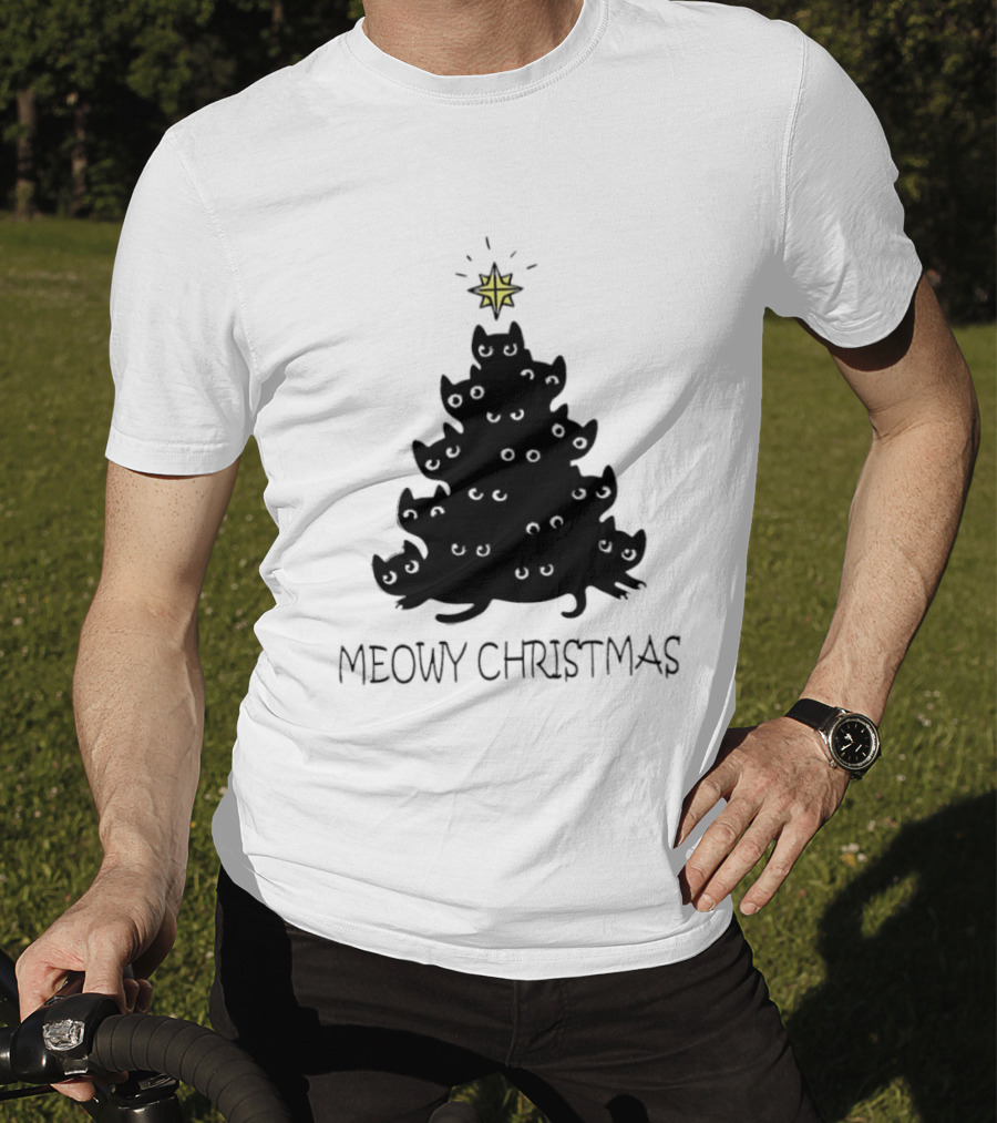 Black Cat Pine Tree Shape Meowy Christmas Star T-Shirt