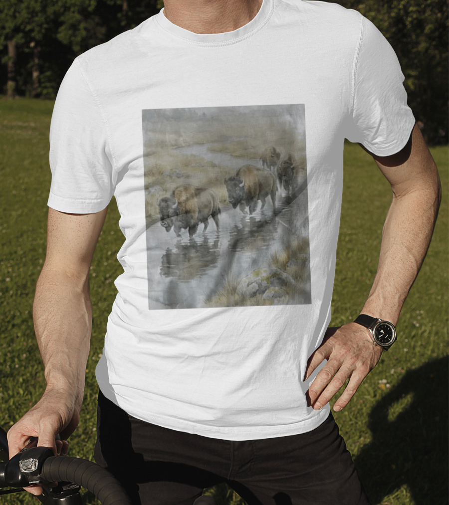 Bison Herd Crossing River On Prairie Landscape Scene T-Shirt