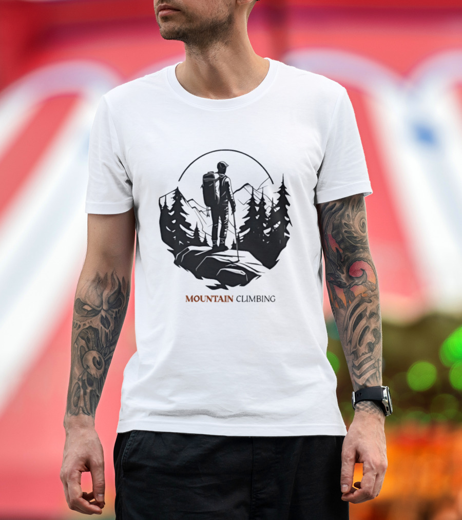 Mountain Climbing Adventure Climber On Cliff Overlooking Mountain And Forest T-Shirt
