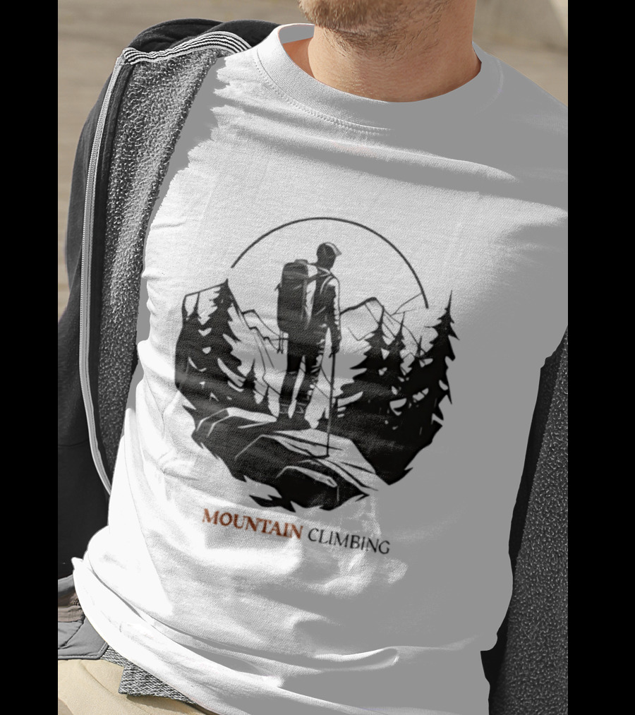 Mountain Climbing Adventure Climber On Cliff Overlooking Mountain And Forest T-Shirt