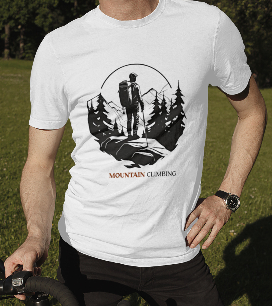 Mountain Climbing Adventure Climber On Cliff Overlooking Mountain And Forest T-Shirt