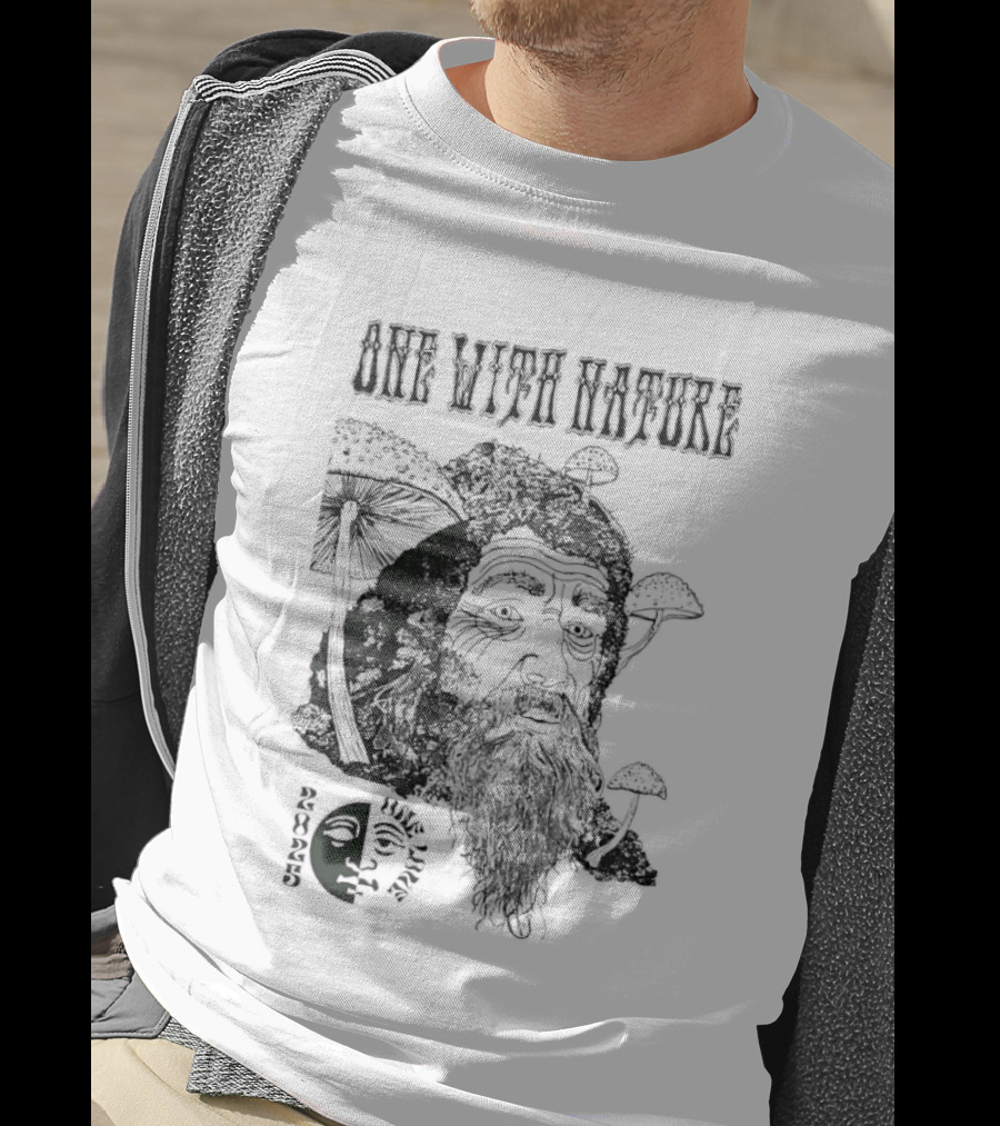 One With Nature Mushroom Face With Beard And Mushrooms T-Shirt