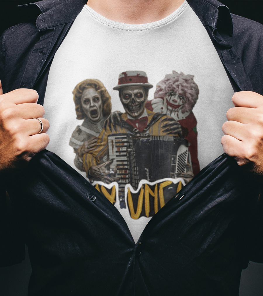Say Uncle Ghost Clown Skeleton Playing Accordion Haunted Uncle Al T-Shirt