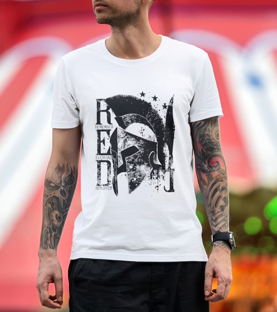 R.E.D. Remember Everyone Deployed Spartan Helmet Stars T-Shirt