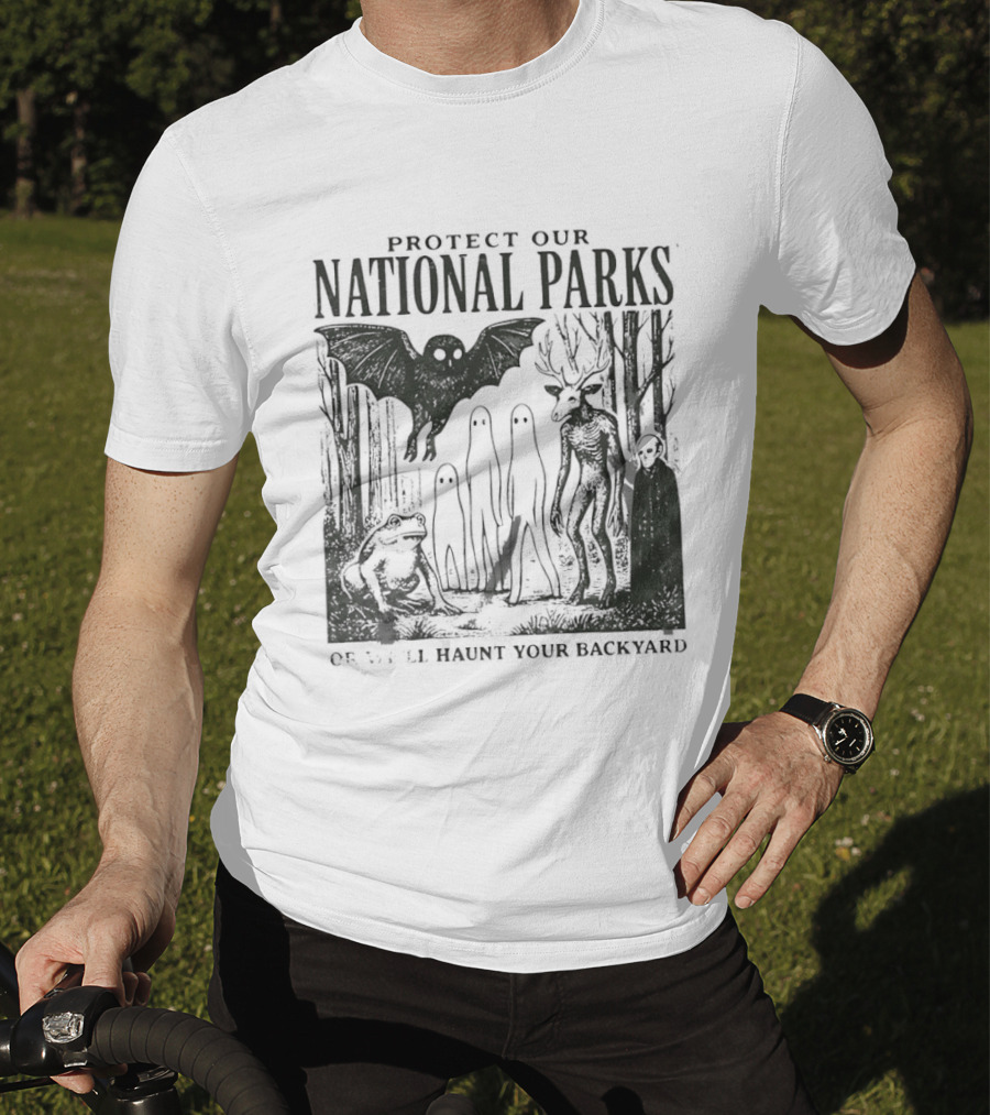 Protect Our National Parks Mothman Bigfoot Ghost Deer Cryptid Horror Characters T-Shirt