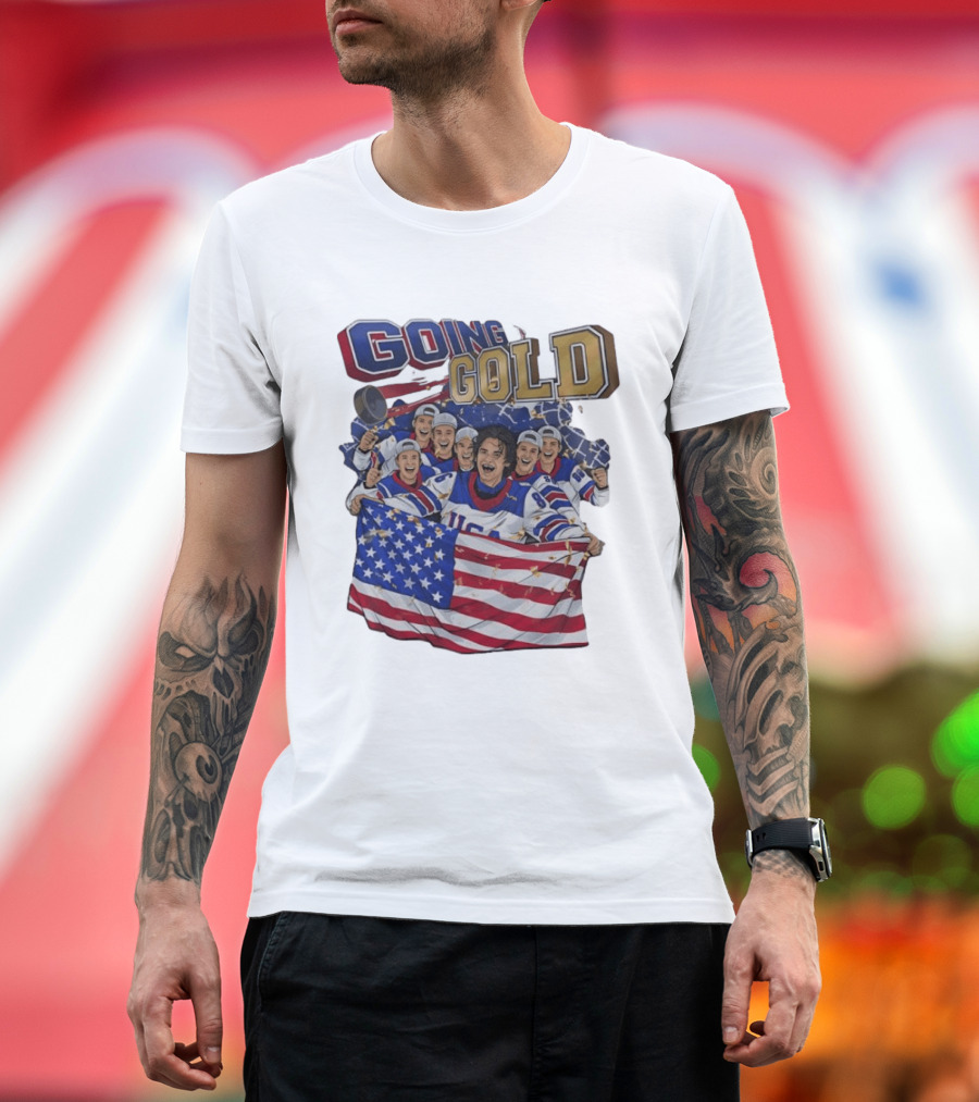 GOING GOLD USA Hockey Team Celebration With Flag T-Shirt