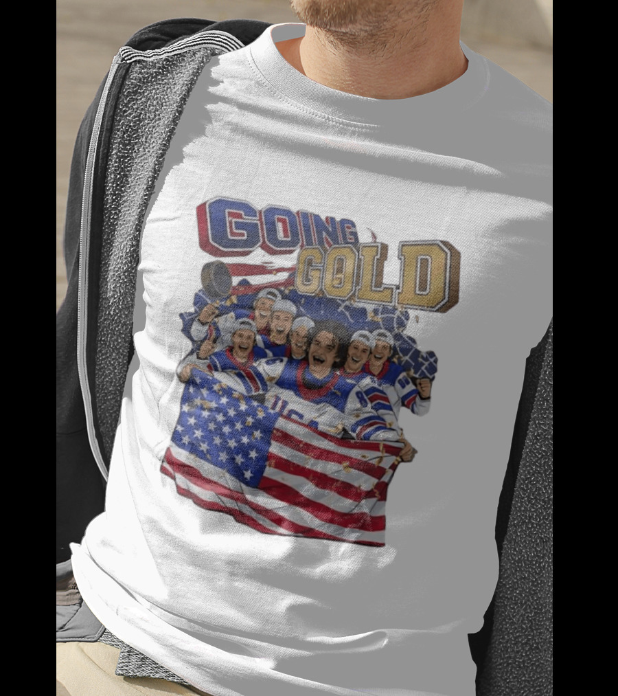 GOING GOLD USA Hockey Team Celebration With Flag T-Shirt