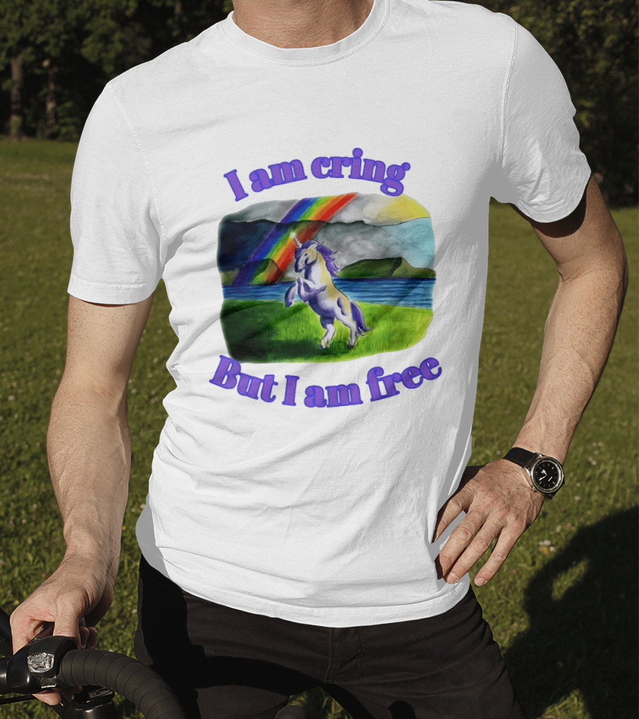Unicorn I Am Cringe But I Am Free Rainbow Meadow T-Shirt