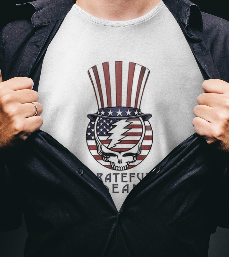 Grateful Dead American Flag Skeleton Uncle Sam Hat T-Shirt