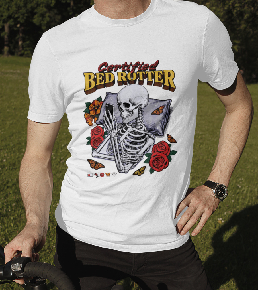 Certified Bed Rotter Skeleton Smartphone Butterfly Rose T-Shirt