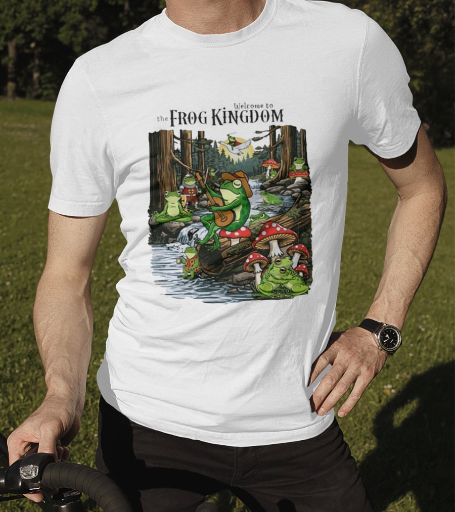 Frog Playing Guitar Forest Gathering Welcome To The Frog Kingdom T-Shirt
