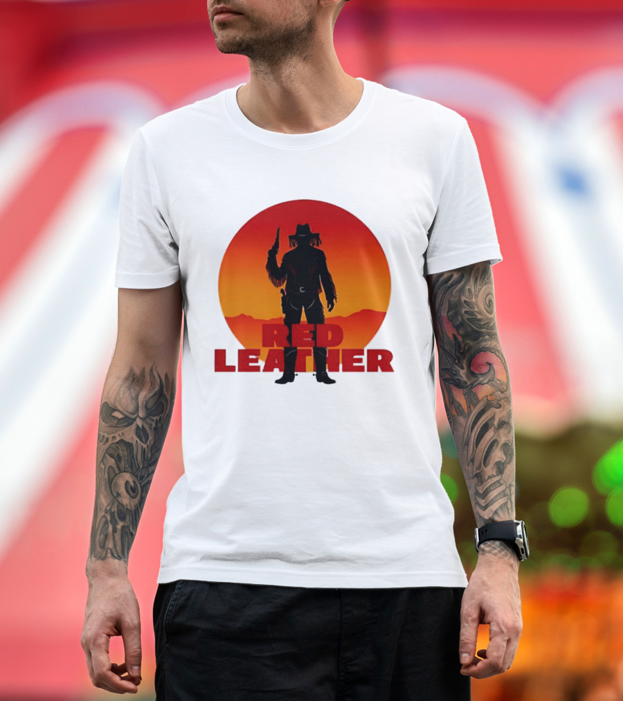 Red Leather Cowboy Sunset Silhouette With Gun And Hat In Desert T-Shirt
