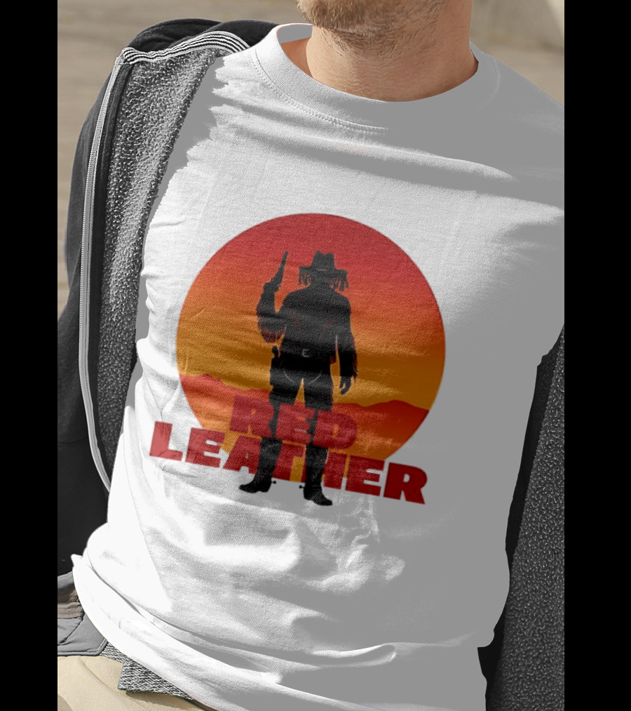 Red Leather Cowboy Sunset Silhouette With Gun And Hat In Desert T-Shirt