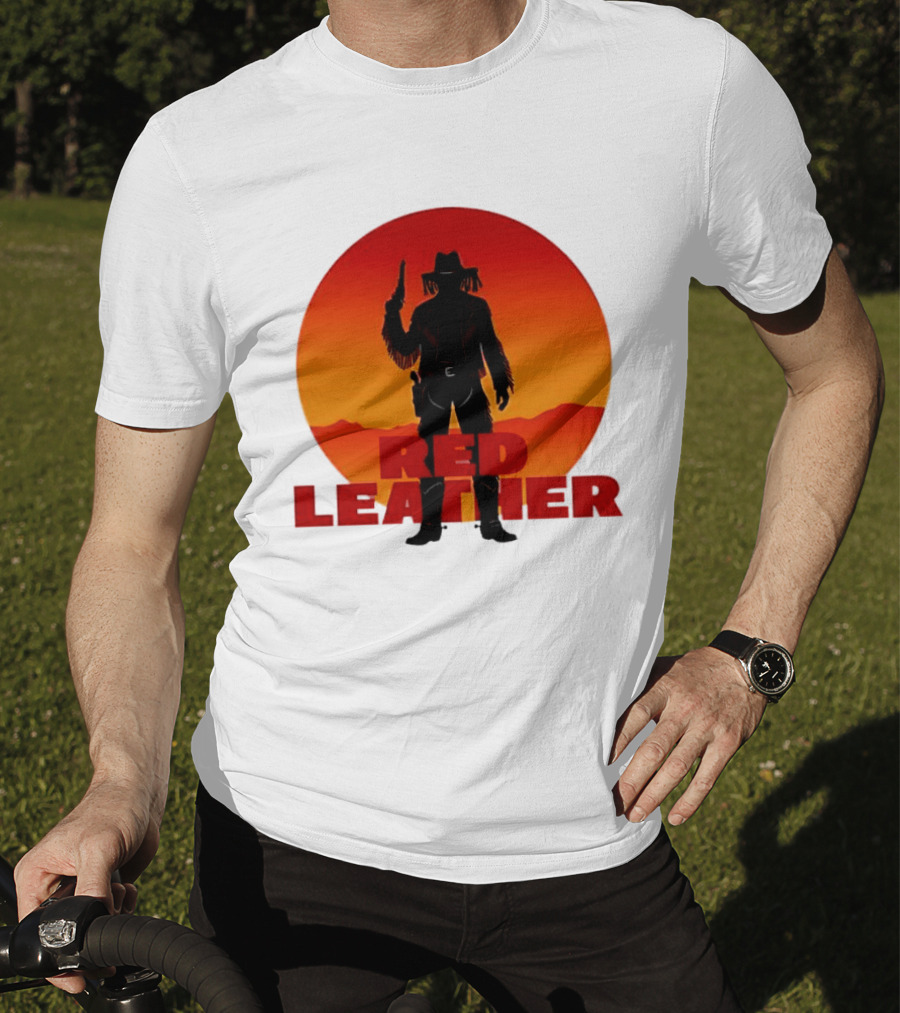 Red Leather Cowboy Sunset Silhouette With Gun And Hat In Desert T-Shirt