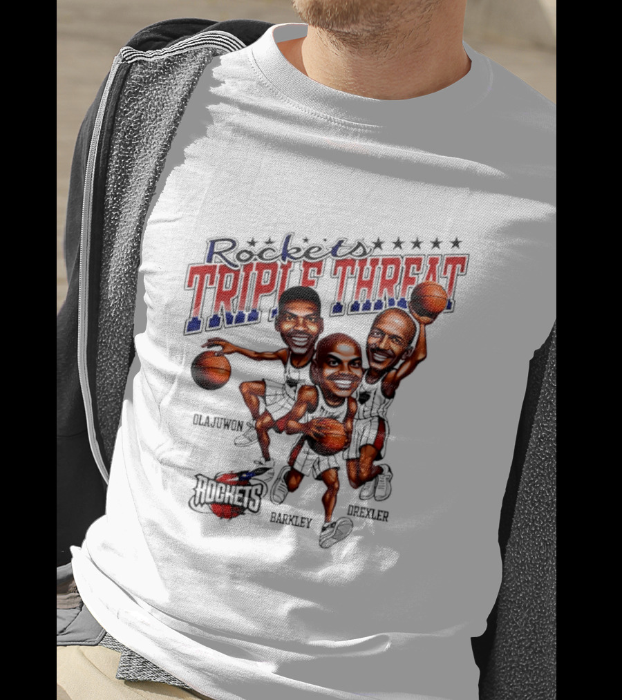 Hakeem Olajuwon Charles Barkley Clyde Drexler Rockets Triple Threat NBA Legends T-Shirt