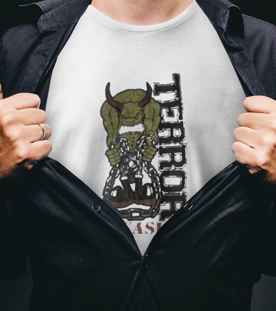 Terror Invasion Demon Holding Chains Warrior Monster T-Shirt