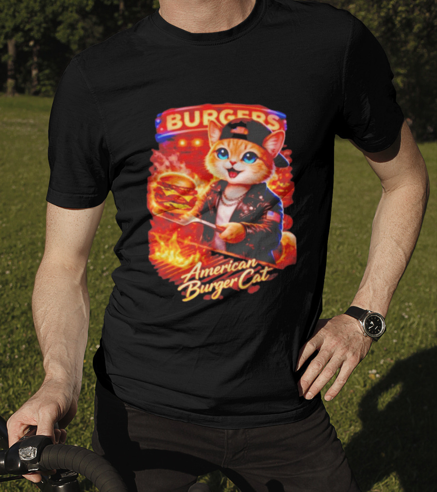 Burgers Flame Grilling American Burger Cat Fun T-Shirt