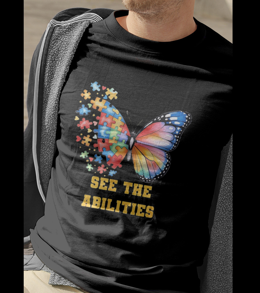 Butterfly Puzzle Pieces Autism Awareness See The Abilities T-Shirt