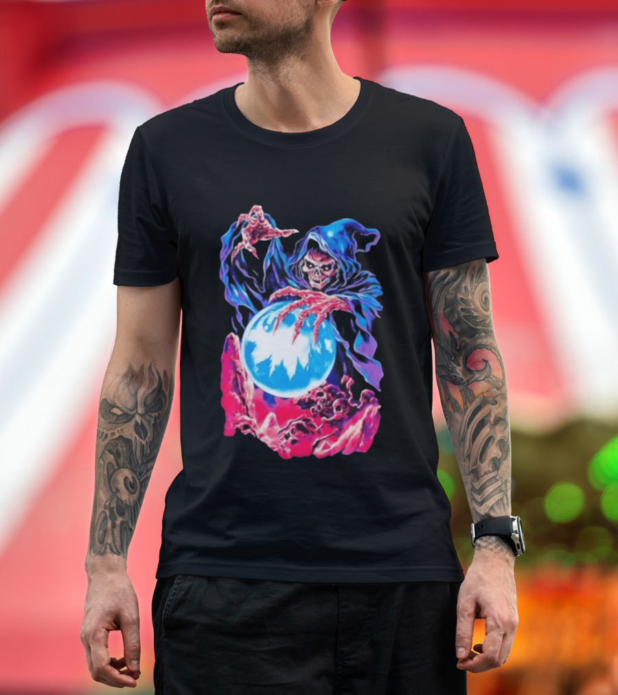 Grim Reaper Crystal Ball Skull Mystical Skeleton Hooded Cloak T-Shirt