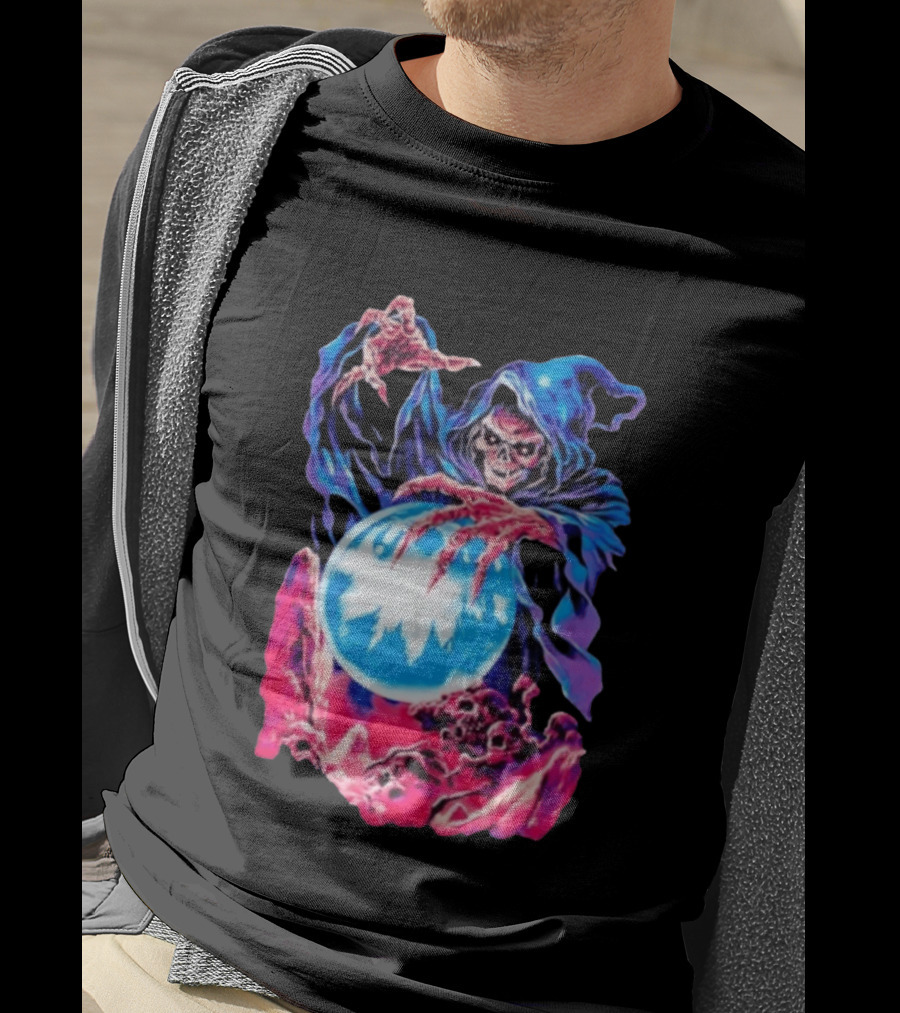 Grim Reaper Crystal Ball Skull Mystical Skeleton Hooded Cloak T-Shirt