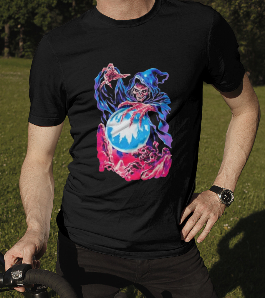 Grim Reaper Crystal Ball Skull Mystical Skeleton Hooded Cloak T-Shirt