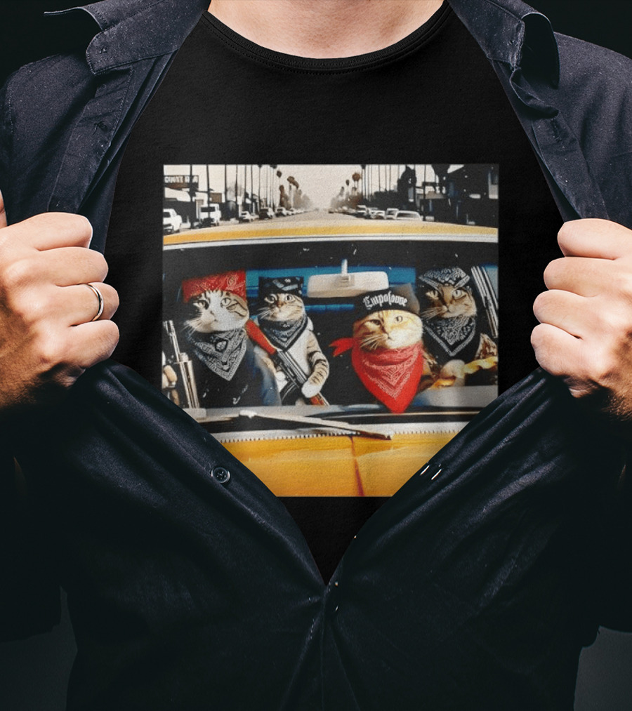 Gangster Cats In Lowrider Car With Bandanas And Guns T-Shirt