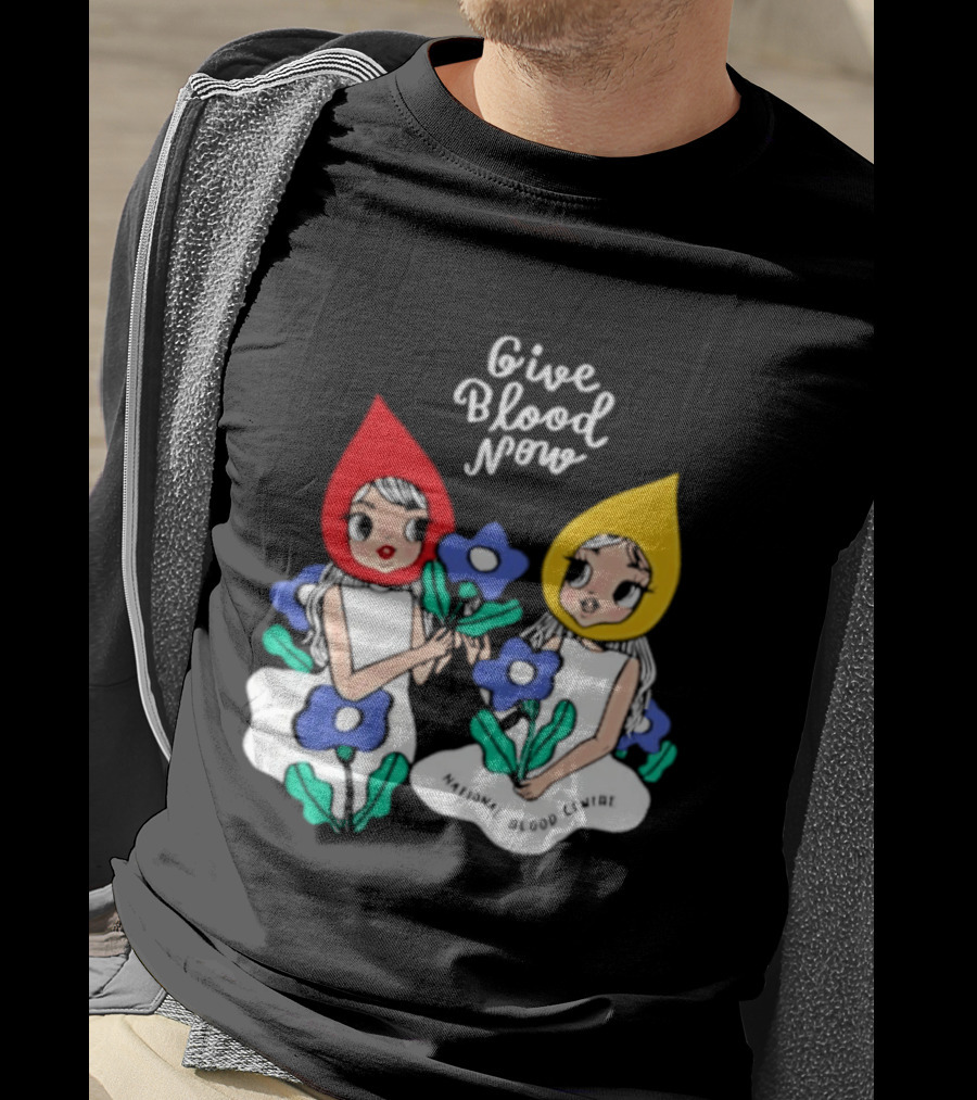 Give Blood Now National Blood Centre Cartoon Girls With Flowers T-Shirt
