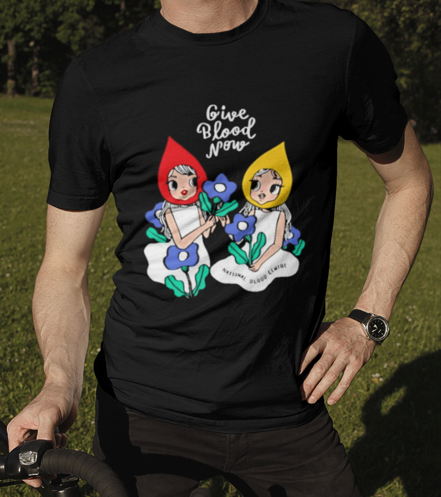 Give Blood Now National Blood Centre Cartoon Girls With Flowers T-Shirt